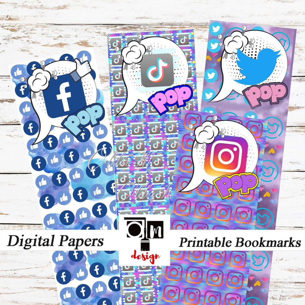 4 סימניות פופ ארט Bookmarks Set רשתות חברתיות קובץ דיגיטלי להדפסה