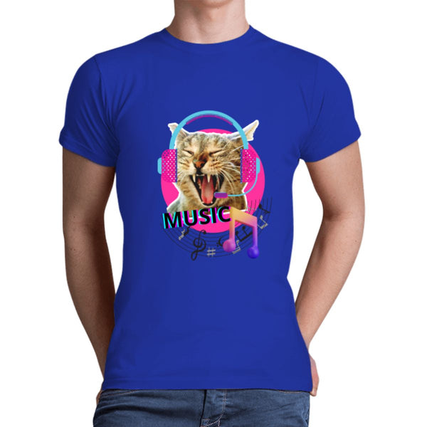 חולצת חתול דגם מוזיקה - חולצה טי שירט לגבר - כחול רויאל
