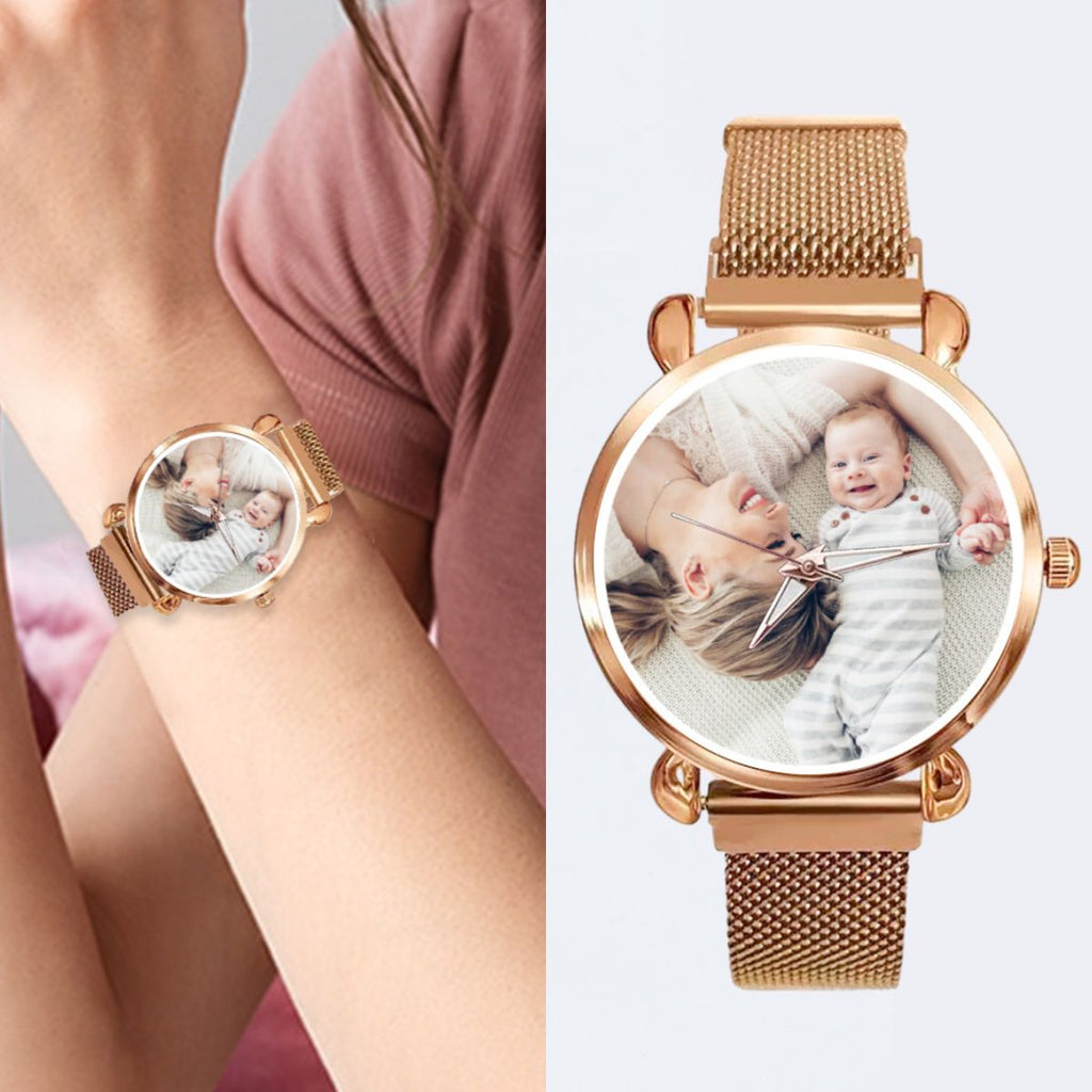 שעון יד לאישה עם תמונה בהתאמה אישית דגם צבע זהב
