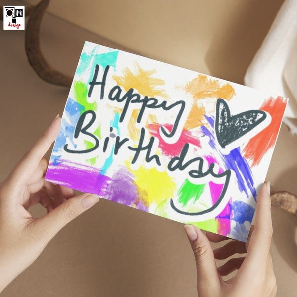 כרטיס ברכה צבעוני Happy Birthday עם לב - כרטיסי ברכה ליום הולדת - קובץ דיגיטלי הורדה ישירה
