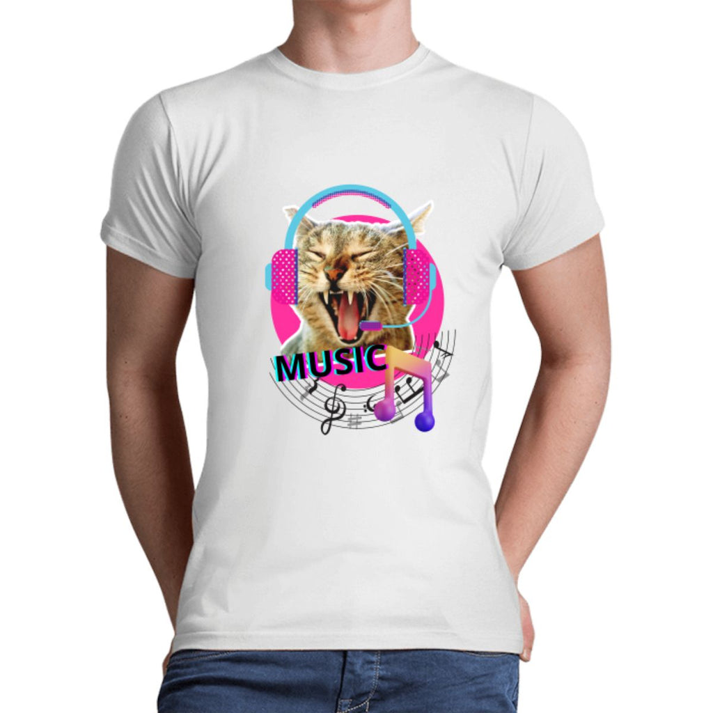 חולצת חתול דגם מוזיקה - חולצה טי שירט לגבר - לבן