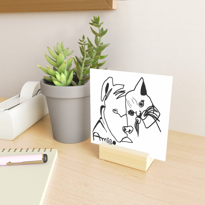 מיני ארט פרינט עם מעמד עץ Amigo Cat Dog - ציור מקורי