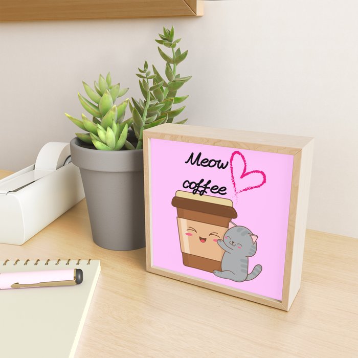 תמונת מיני ארט ממוסגרת חתול MEOW COFFEE - מסגרת חום בהיר