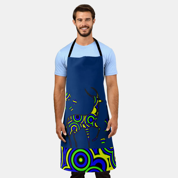 סינר למטבח בצבעים כחול צהוב דגם אייל רטרו