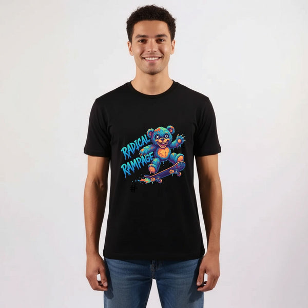 חולצת גברים בעיצוב Radical Rampage עם דוב צבעוני על סקייטבורד