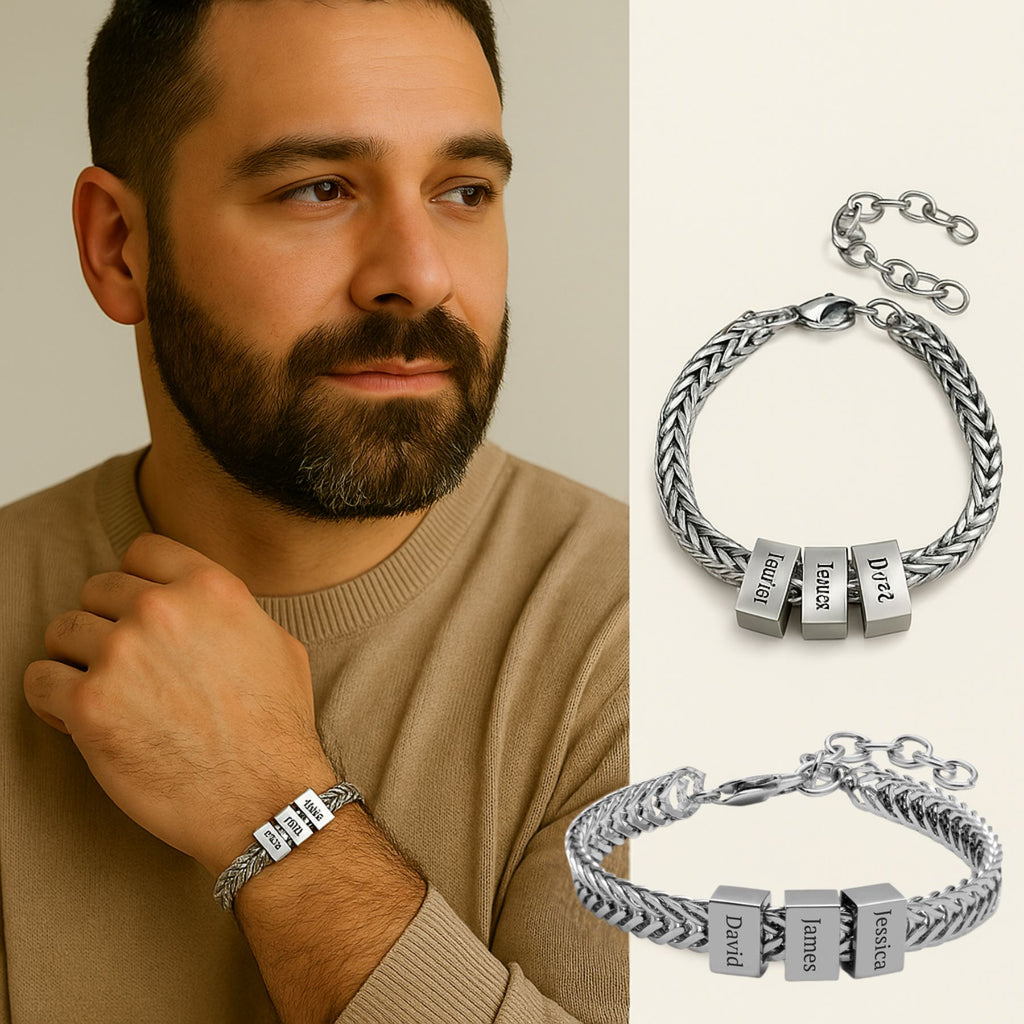 צמיד כסף לגבר עם חריטה אישית של שמות – עד 10 חרוזים בהתאמה אישית | מתנה בעיצוב אישי לאבא או לבן זוג