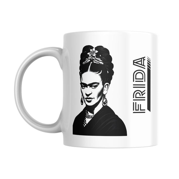 ספל עם הדפס של פרידה קאלו שחור על ספל לבן