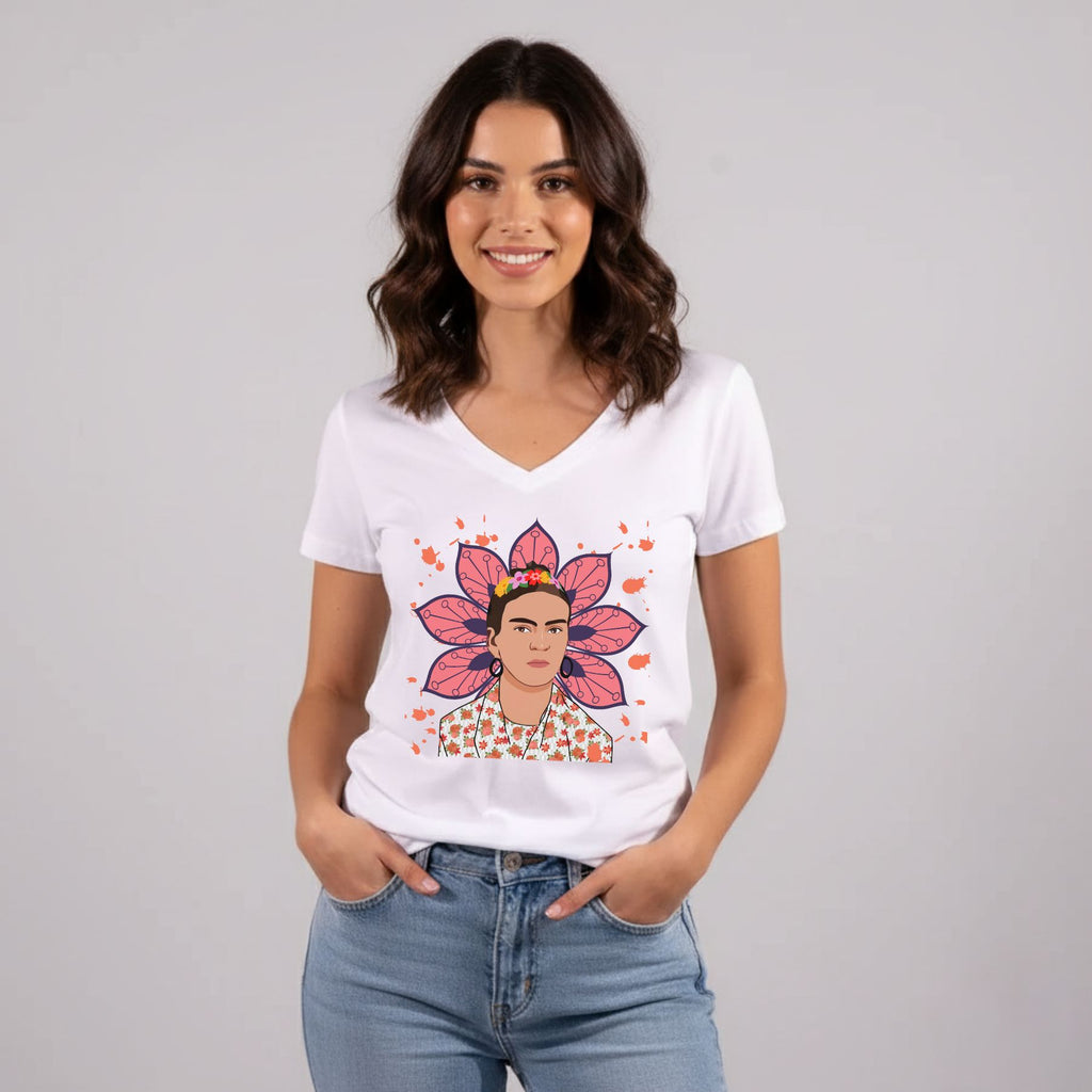 חולצת פרידה קאלו דגם מצויר עם פרח ורוד - צבע לבן