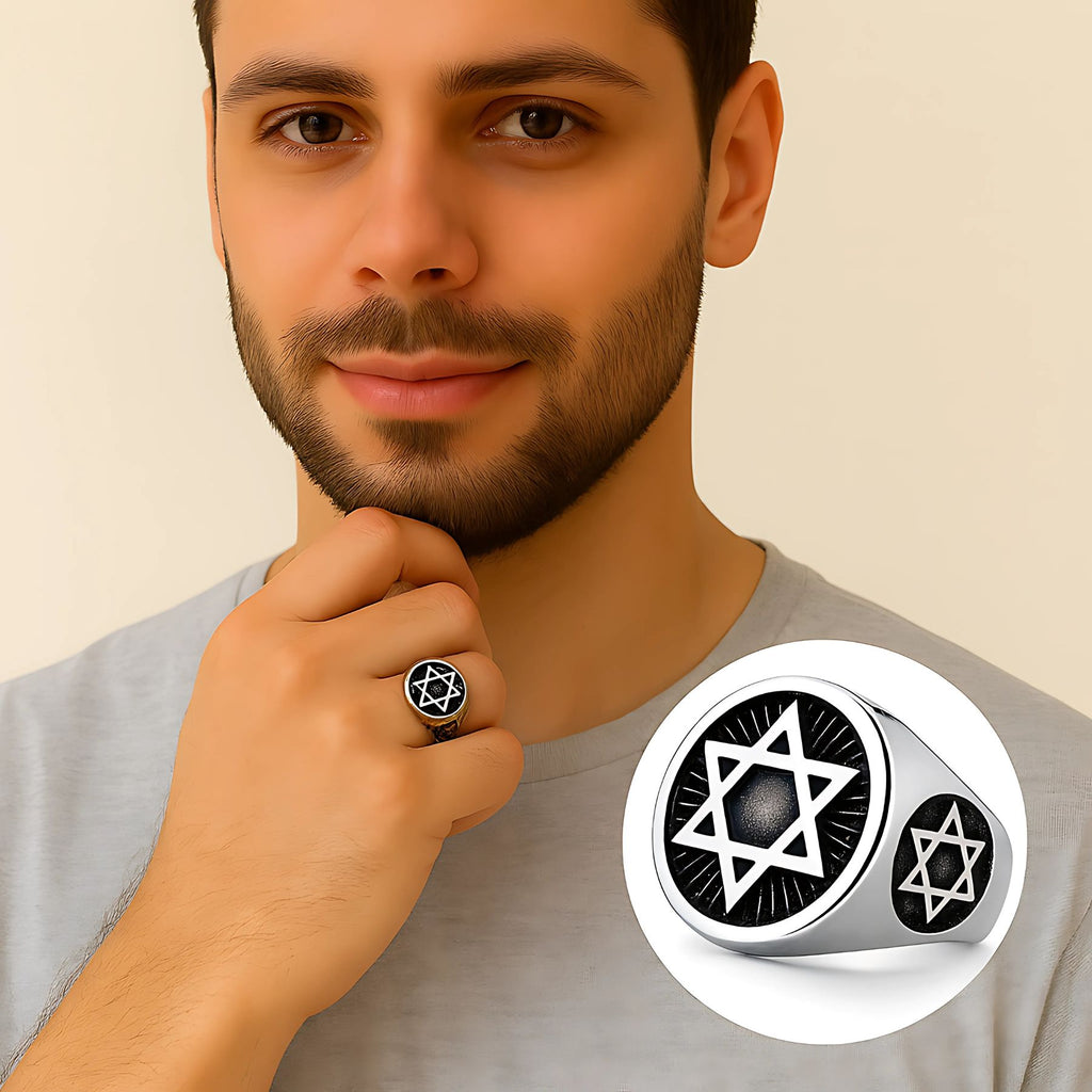 טבעת מגן דוד פאנקית מכסף בעיצוב וינטג' לגברים
