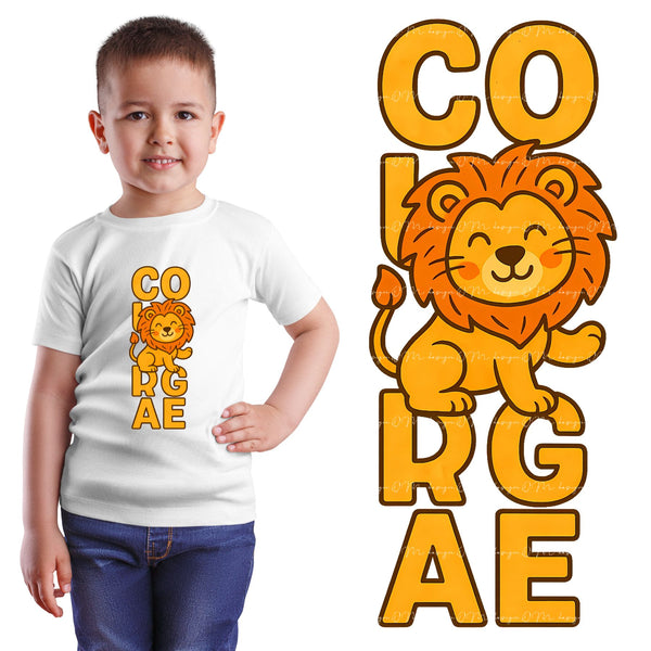 עיצוב אריה חייכן עם כיתוב COURAGE להדפסה

