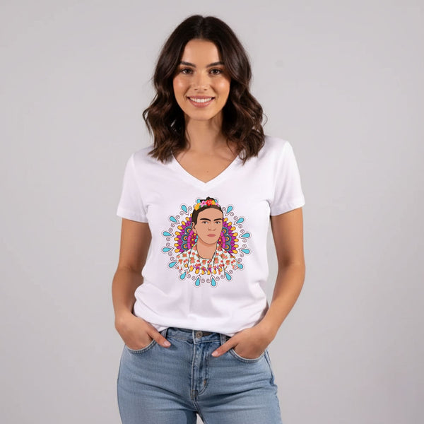 חולצת פרידה קאלו מצוירת עם מנדלה - צבע לבן