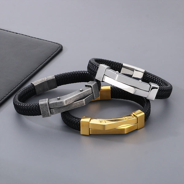 צמיד גברים עור ופלדת אל חלד בעיצוב גיאומטרי