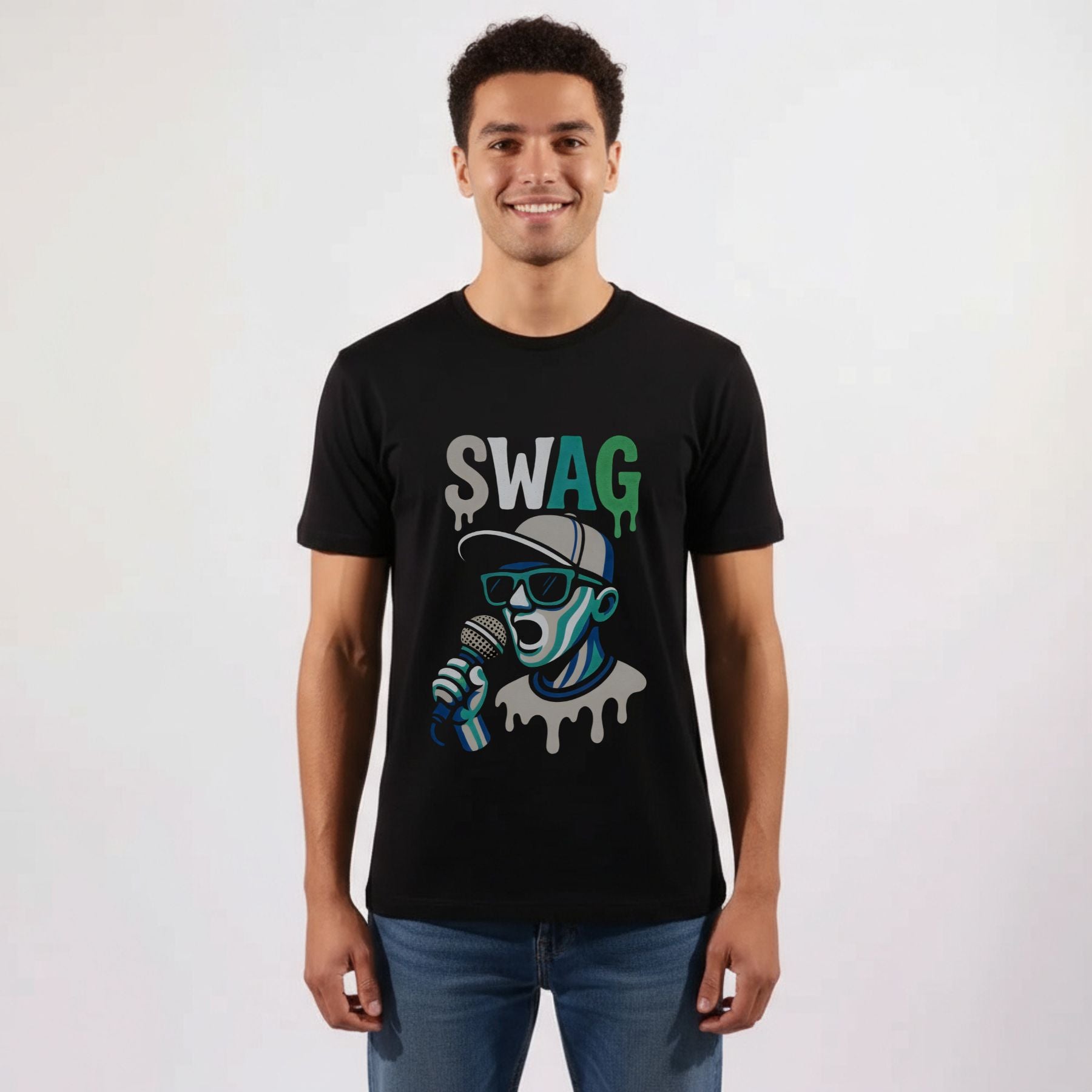 חולצת גברים SWAG – עיצוב ראפר כחול־אפור