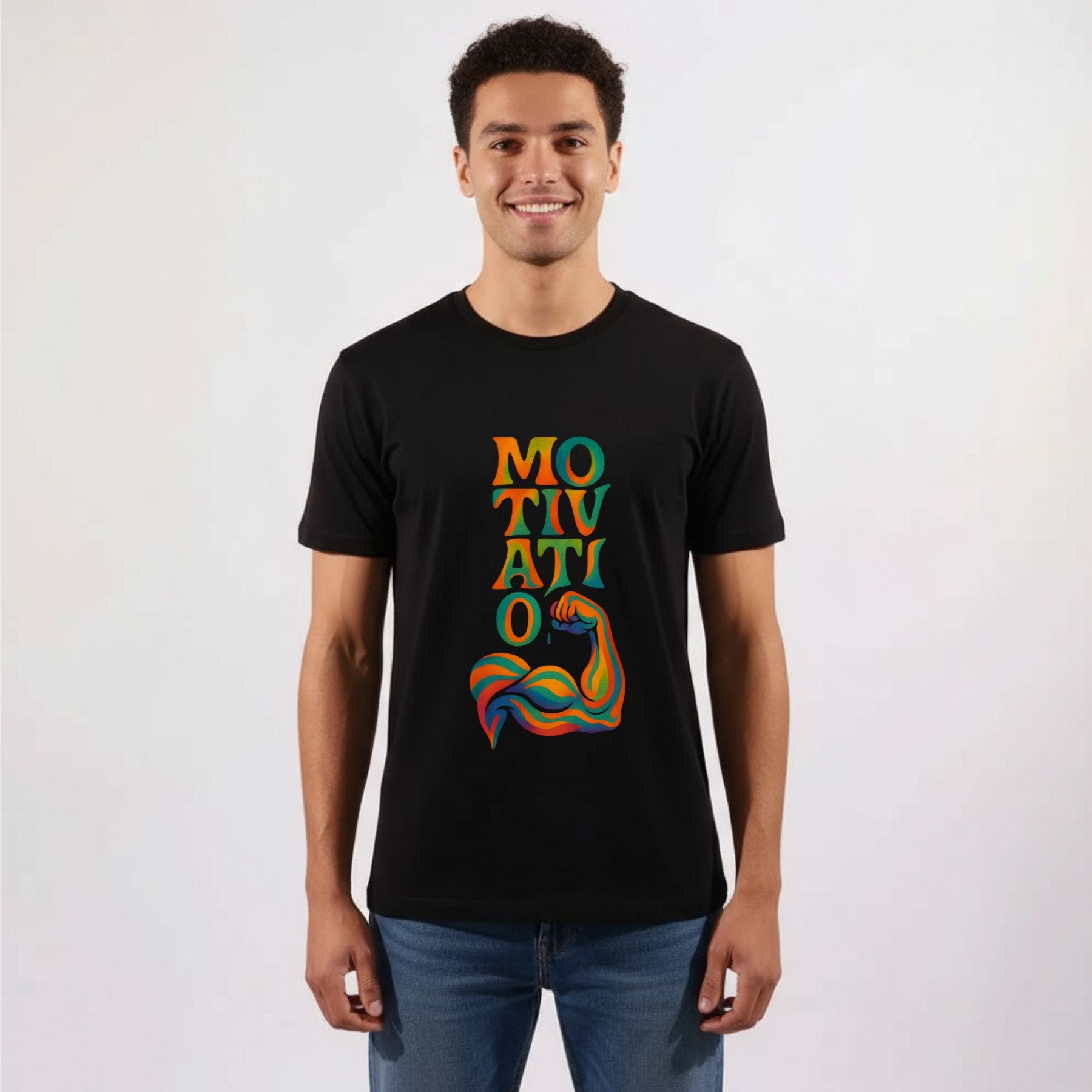 חולצת גברים MOTIVATIO – עיצוב צבעוני על דוגמן בחולצה שחורה