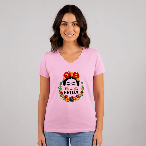 חולצת טי שירט כותנה לאישה עם הדפס FRIDA צבעוני