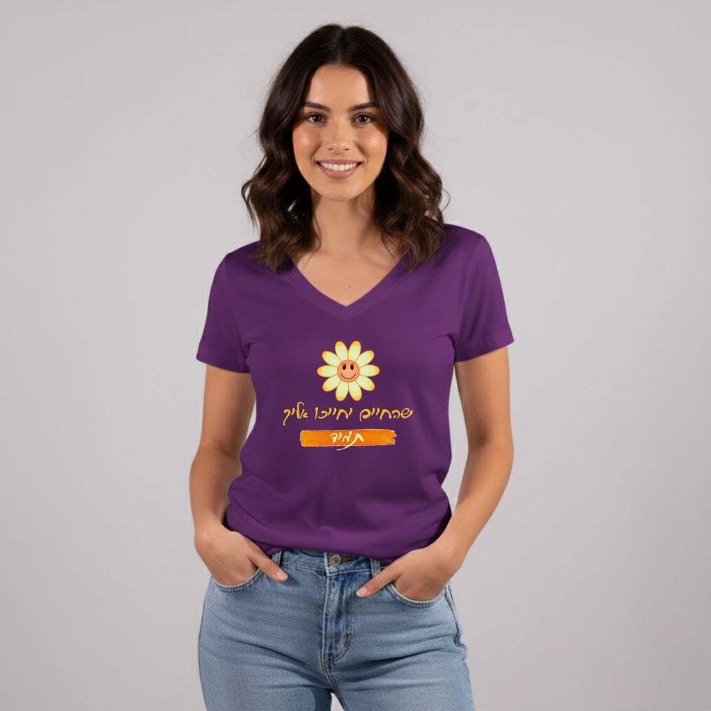 חולצת כותנה לאישה עם הדפס פרח מחייך צבע סגול