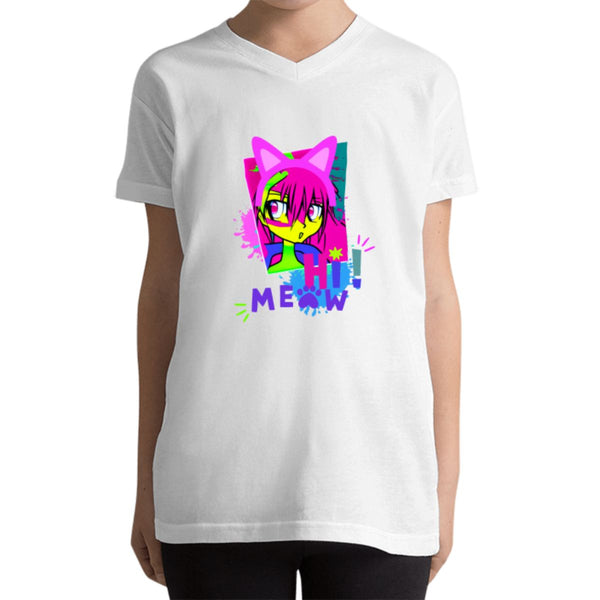 חולצת טי שירט קצרה לילדות עם הדפס חתולה אנימה - לבן