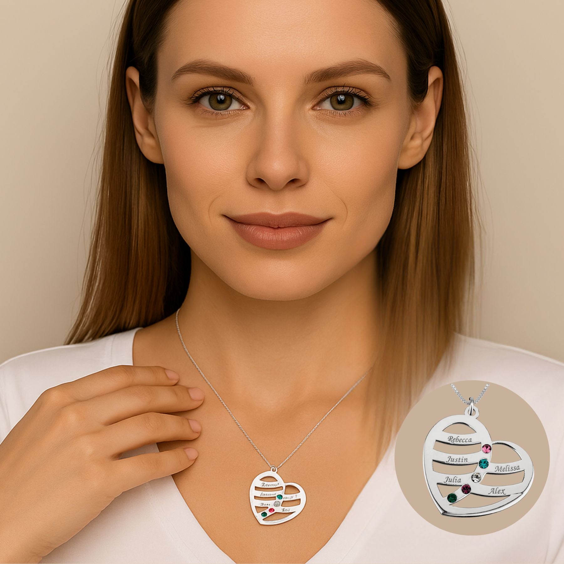 שרשרת לב עם שמות וקריסטלים צבעוניים