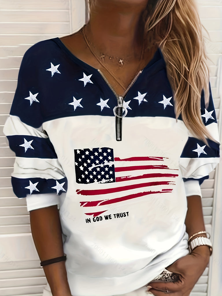 Women's American Flag Zip Sweatshirt - Casual Long Sleeve Top