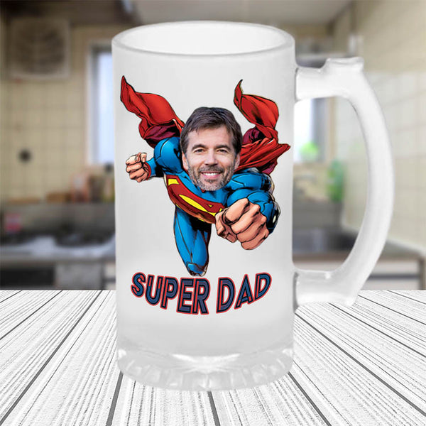 מתנה לאבא - ספל בירה SUPER DAD עם תמונה שלו