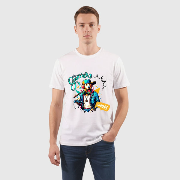 חולצת גיימר לגברים עם הדפס כלב מגניב ושלט משחק