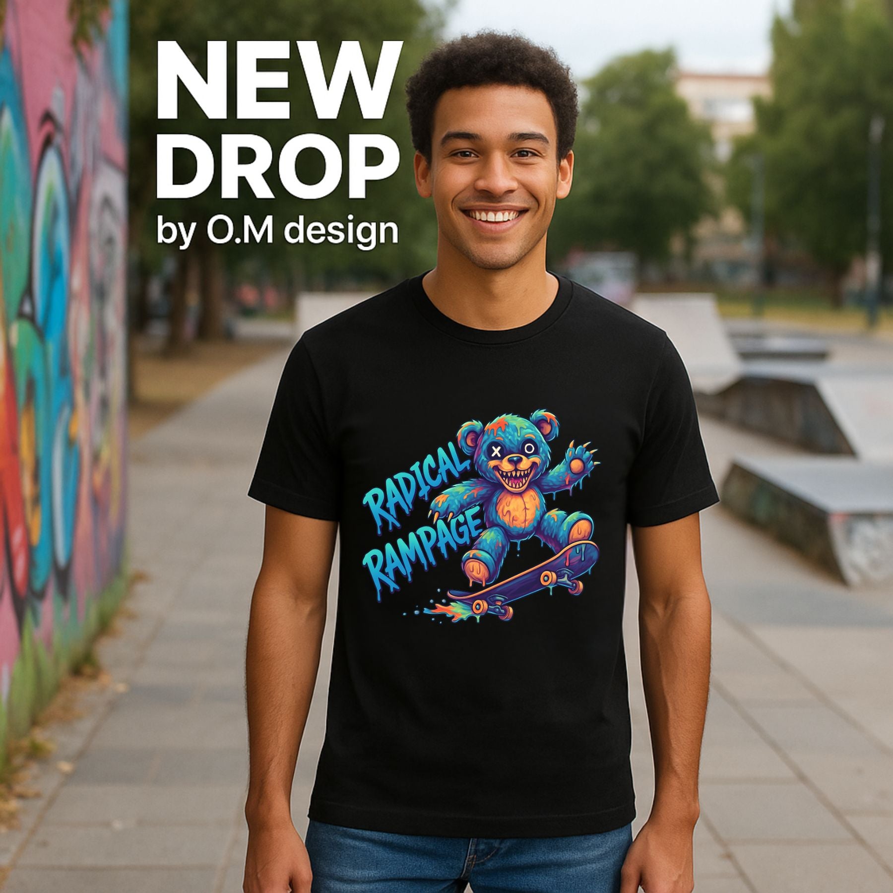 חולצת גברים Radical Rampage עם דוב צבעוני על סקייטבורד בעיצוב גרפי נועז