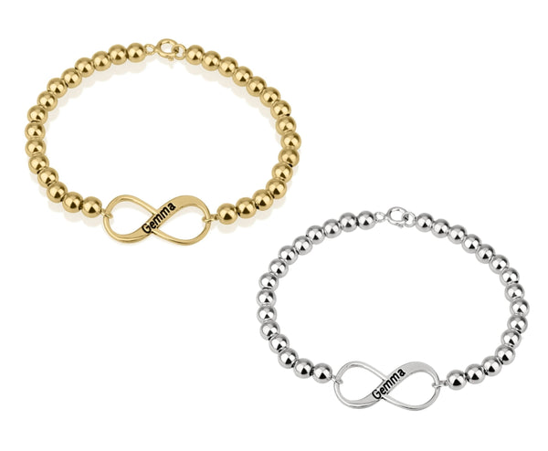 צמיד חרוזים עם סמל אינפיניטי וחריטת שם