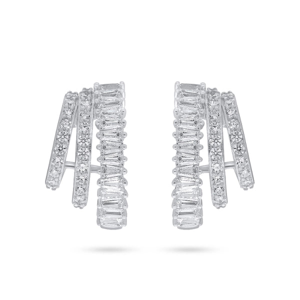 עגילי כסף סטרלינג 925 עם שלוש שורות שיבוץ זירקונים בגט ועגולים