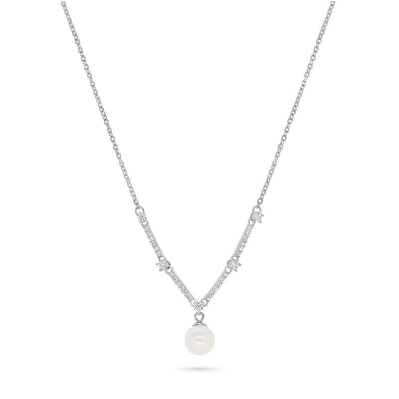 שרשרת כסף 925 בעיצוב V עם זרקונים ופנינה מרכזית - תכשיט אלגנטי ונשי