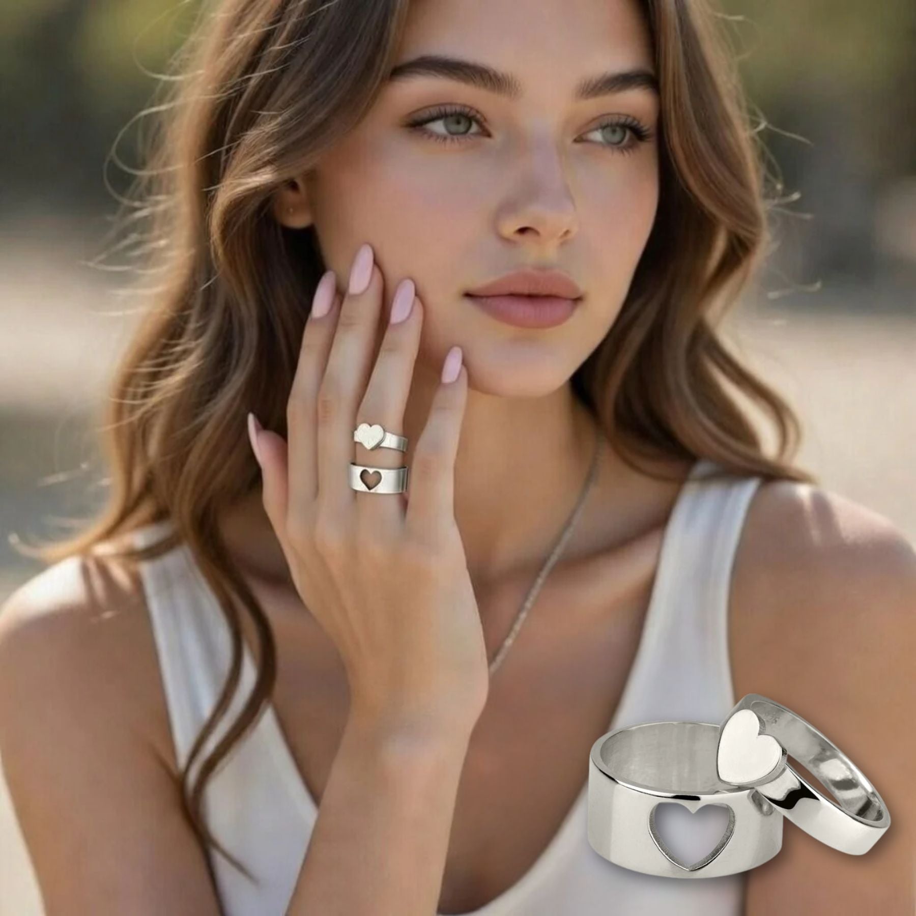 סט טבעות לב משלימות בעיצוב לב חתוך ולב מלא