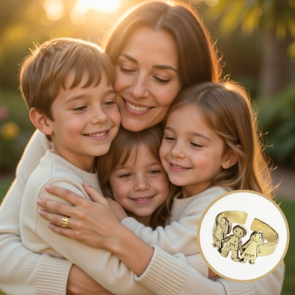 טבעת פתוחה לאמא עם חריטת שמות ילדים ודמויות בהתאמה אישית בציפוי זהב או כסף
