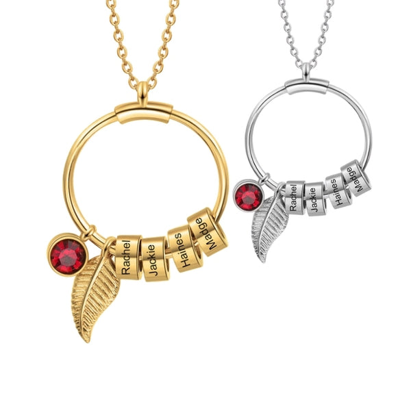 שרשרת חישוק עם טבעות שמות, נוצה ואבן חודש לידה