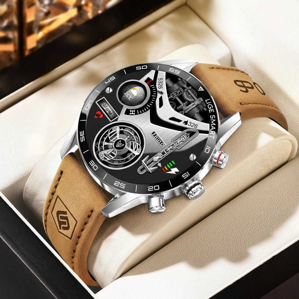 שעון חכם לגברים AMOLED GPS רצועת עור עמיד במים