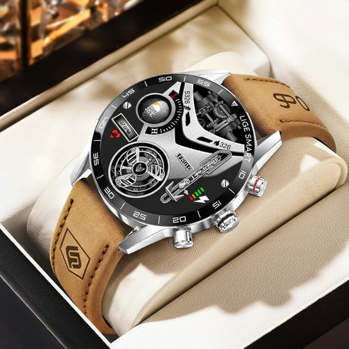 שעון חכם לגברים AMOLED GPS רצועת עור עמיד במים