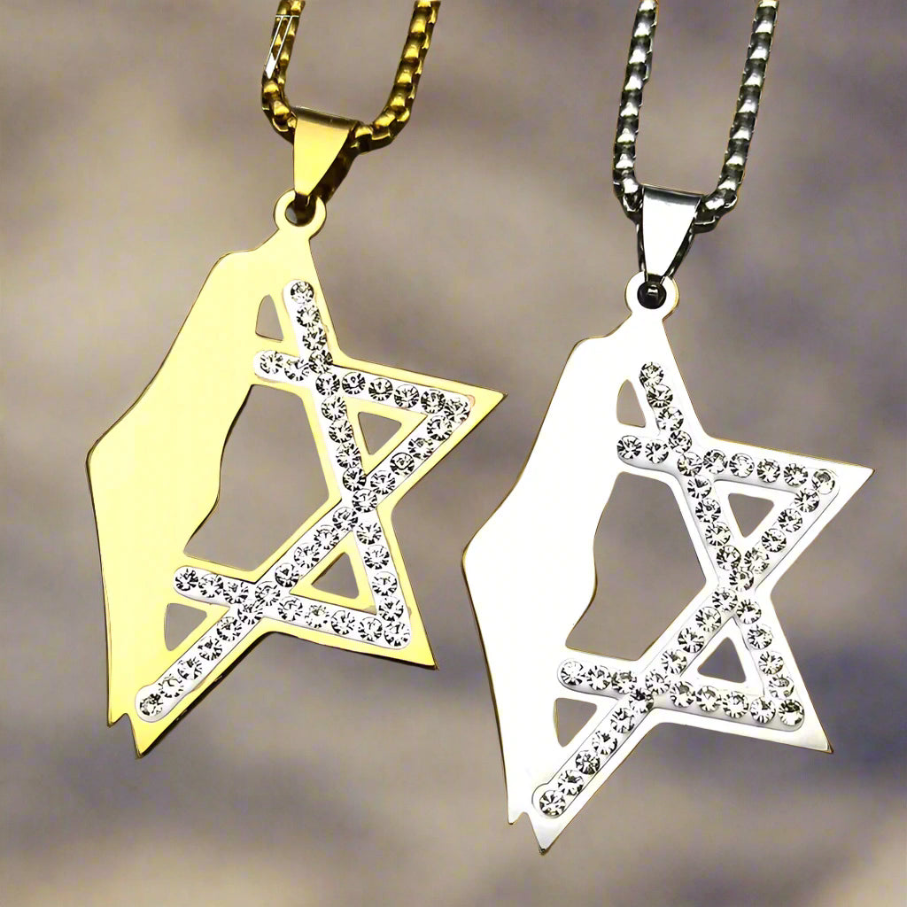שרשרת מפת ישראל מגן דוד סטיינלס סטיל עם זירקונים
