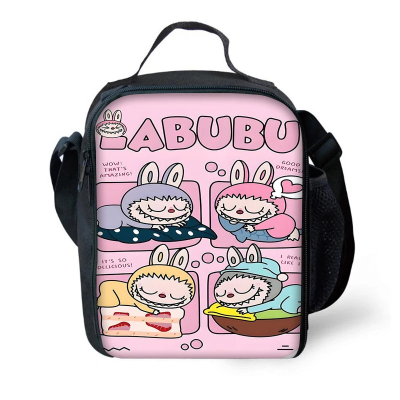 תיק אוכל לבובו Labubu בעיצוב קומיקס צבעוני עם רצועת כתף נוחה