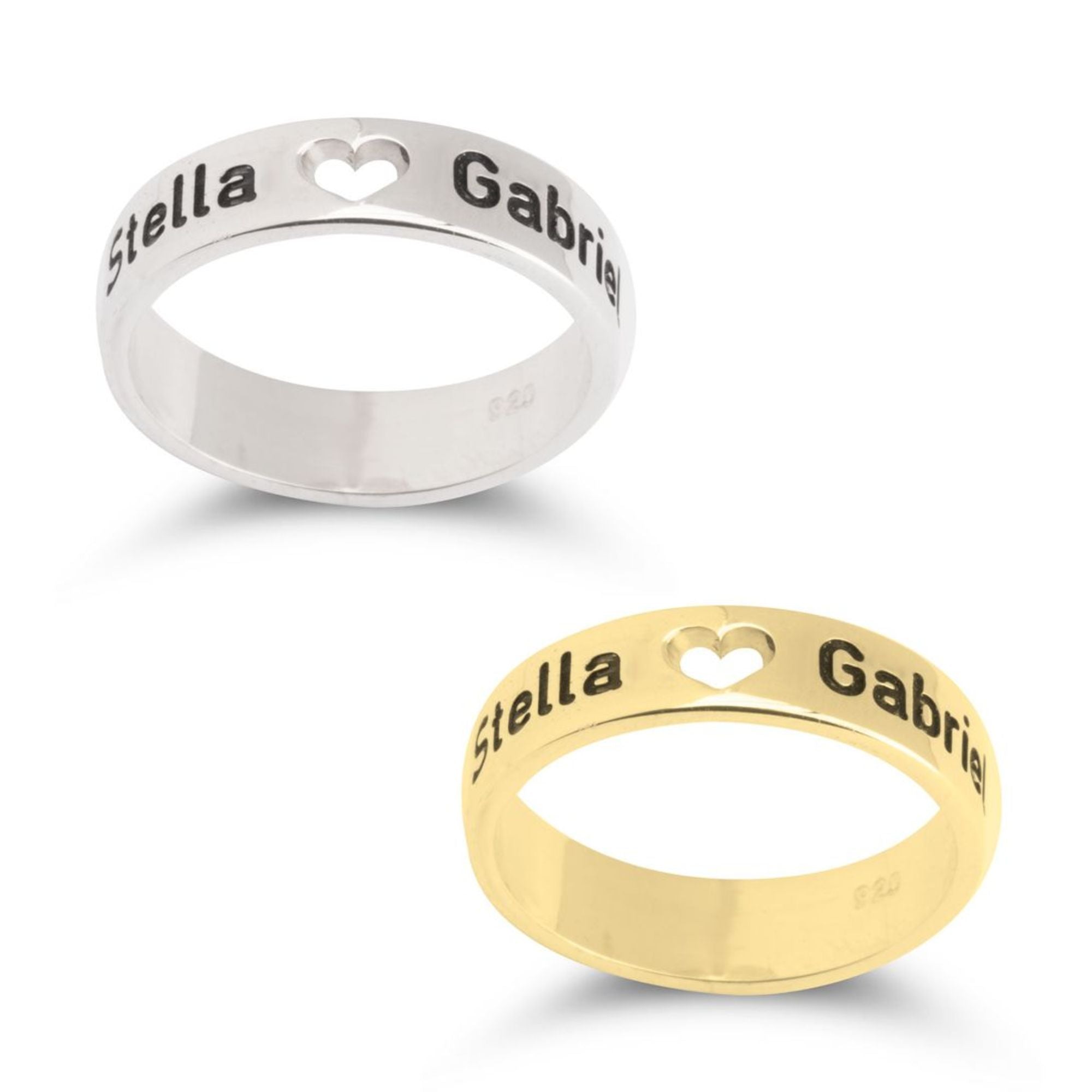 טבעת כסף עם שני שמות ולב חתוך