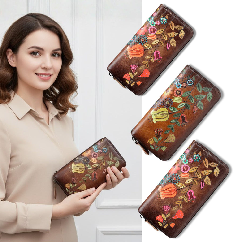 ארנק עור פרחוני עם רוכסן בצבע בורדו
