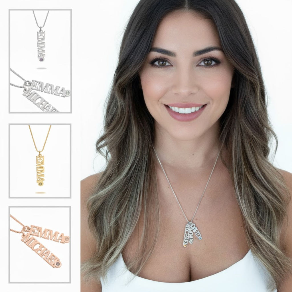 שרשרת שם אנכית בהתאמה אישית עם אבני לידה