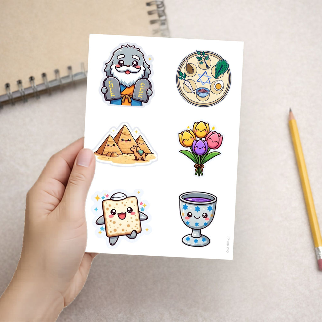 דף מדבקות לפסח להדפסה עם איורים צבעוניים