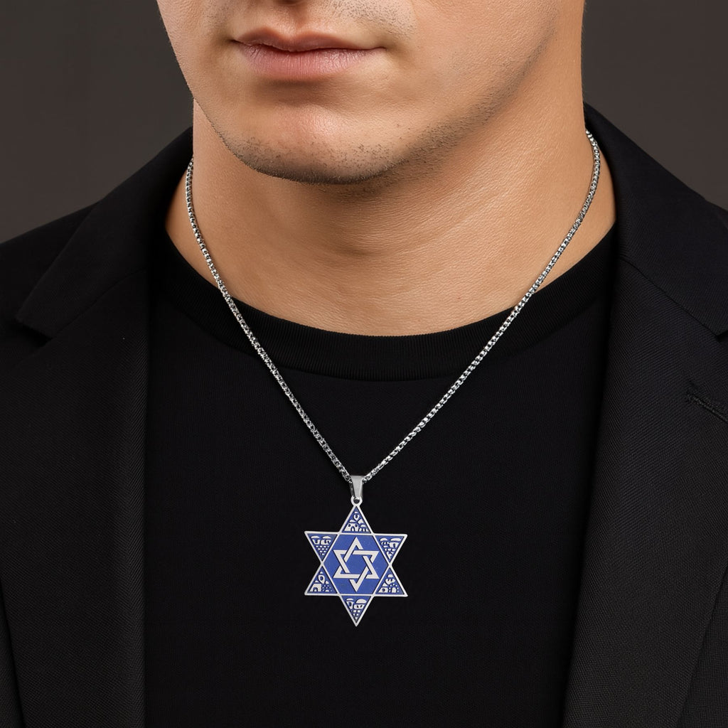 שרשרת מגן דוד לגבר בצבע כחול עשויה פלדת אל חלד