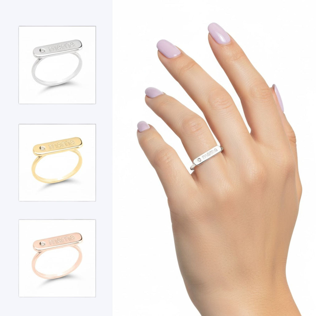 טבעת עם חריטה MAMA ושיבוץ יהלום קטן