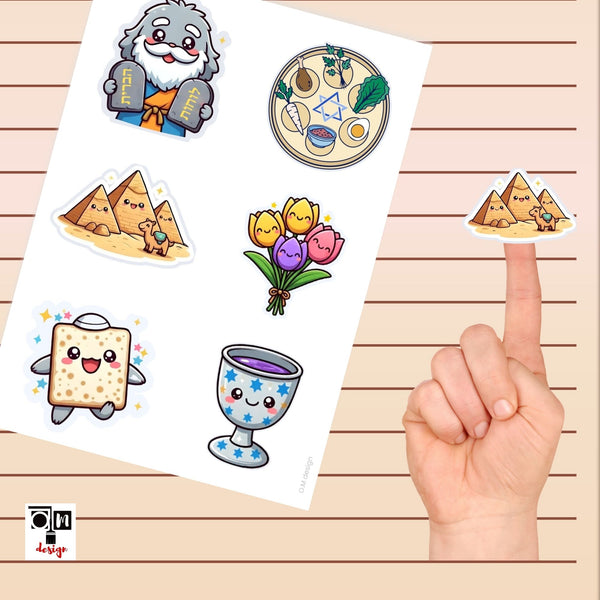 דף מדבקות לפסח להדפסה עם איורים צבעוניים