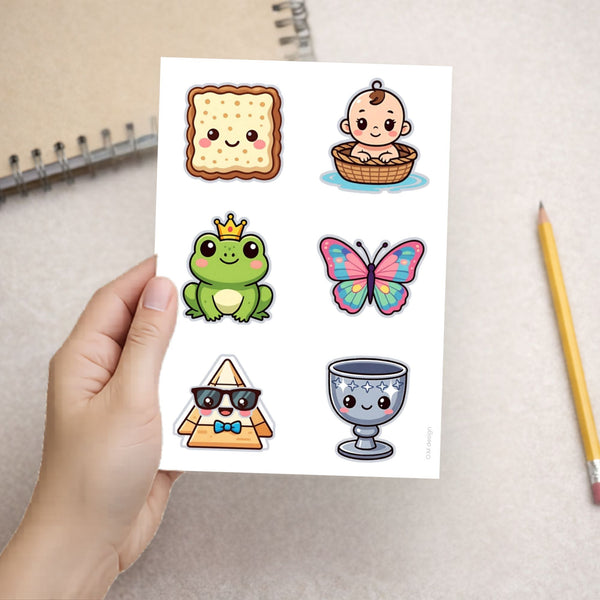 דף מדבקות לפסח להדפסה - 6 מדבקות חמודות לילדים A4