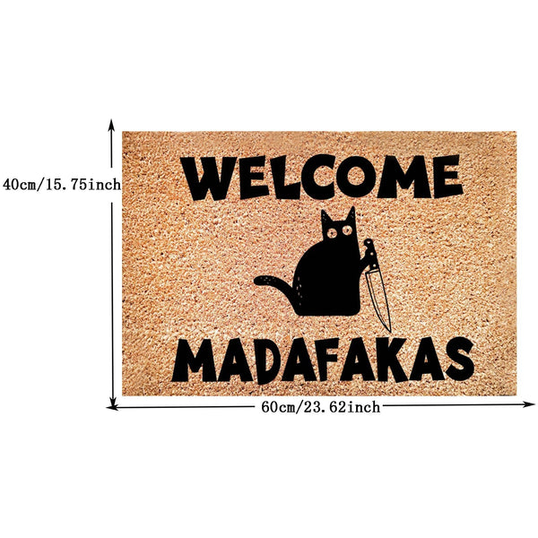 שטיחון כניסה הומוריסטי Welcome Madafakas עם חתול שחור