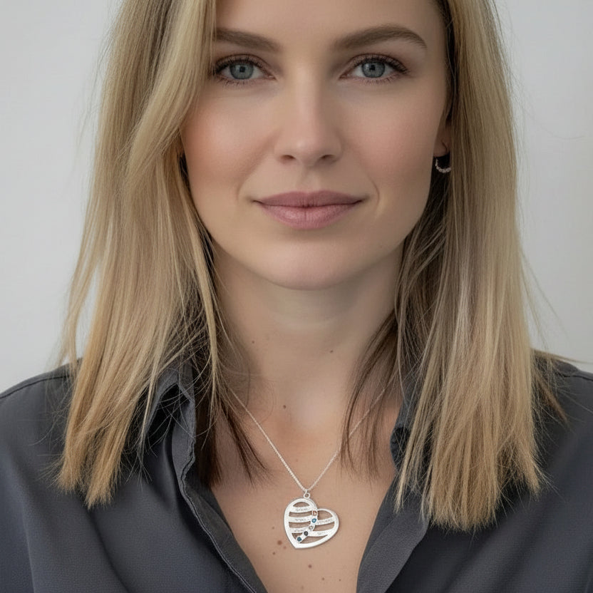 שרשרת לב עם שמות ואבני לידה