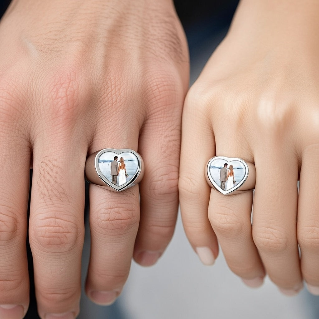 טבעת לב עם תמונה בהתאמה אישית מפלדת אל חלד