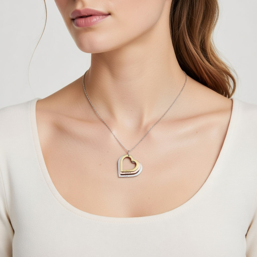 שרשרת לב משולבת כסף זהב ורוז עם שמות אישיים