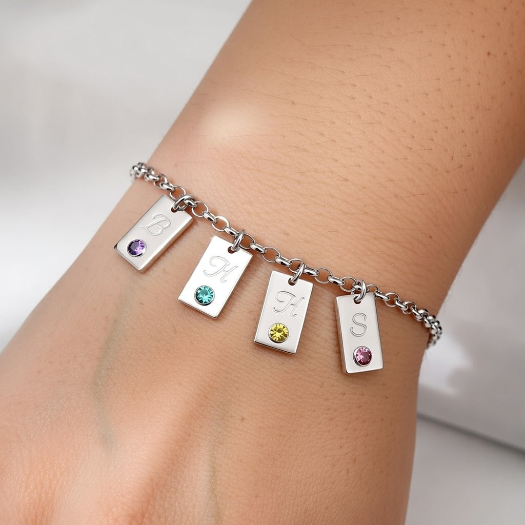 צמיד אות ראשונה עם אבן לידה מכסף בהתאמה אישית לאישה