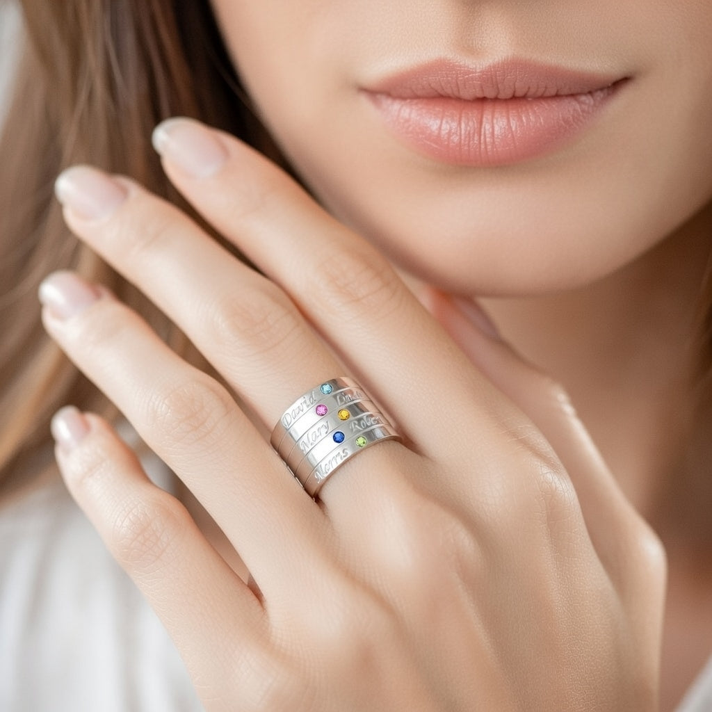 טבעת שמות משפחה עם אבני לידה בהתאמה אישית